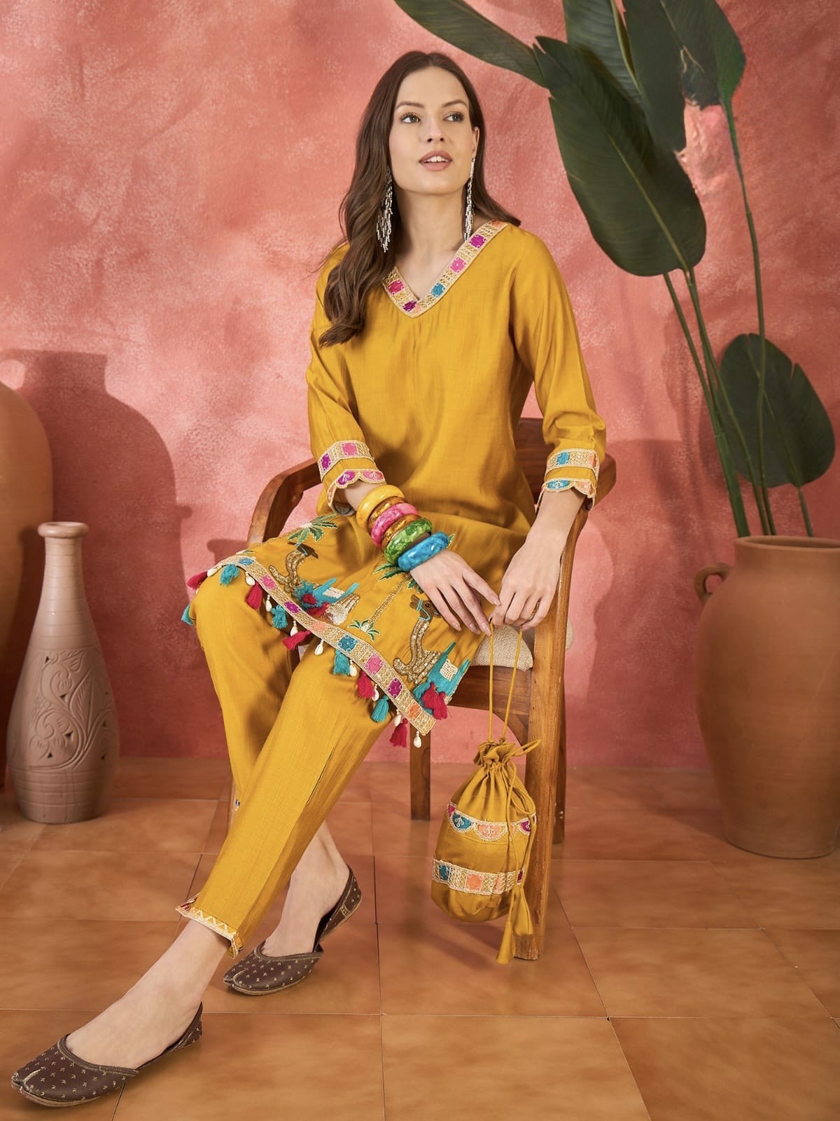 Bright Yellow Embroidered Co-Ord Set with Bag