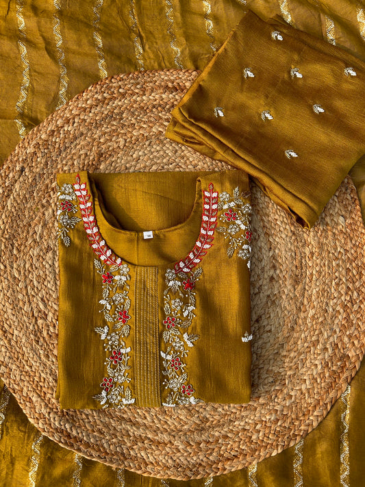 Mustard Dola Silk Hand-Embroidered Suit Set