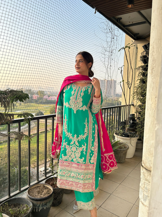 Elegant Green & Pink Chinon Embroidered Suit
