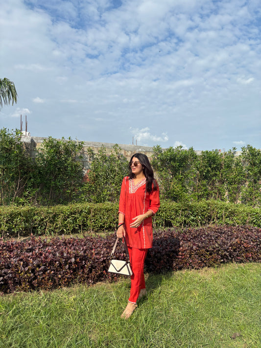 Mal Chanderi Co-Ord Set - Dark Orange