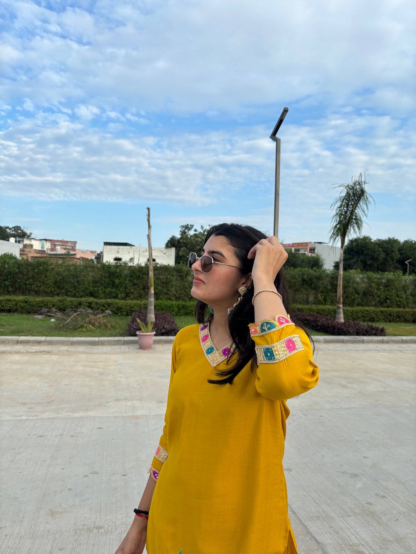 Bright Yellow Embroidered Co-Ord Set with Bag