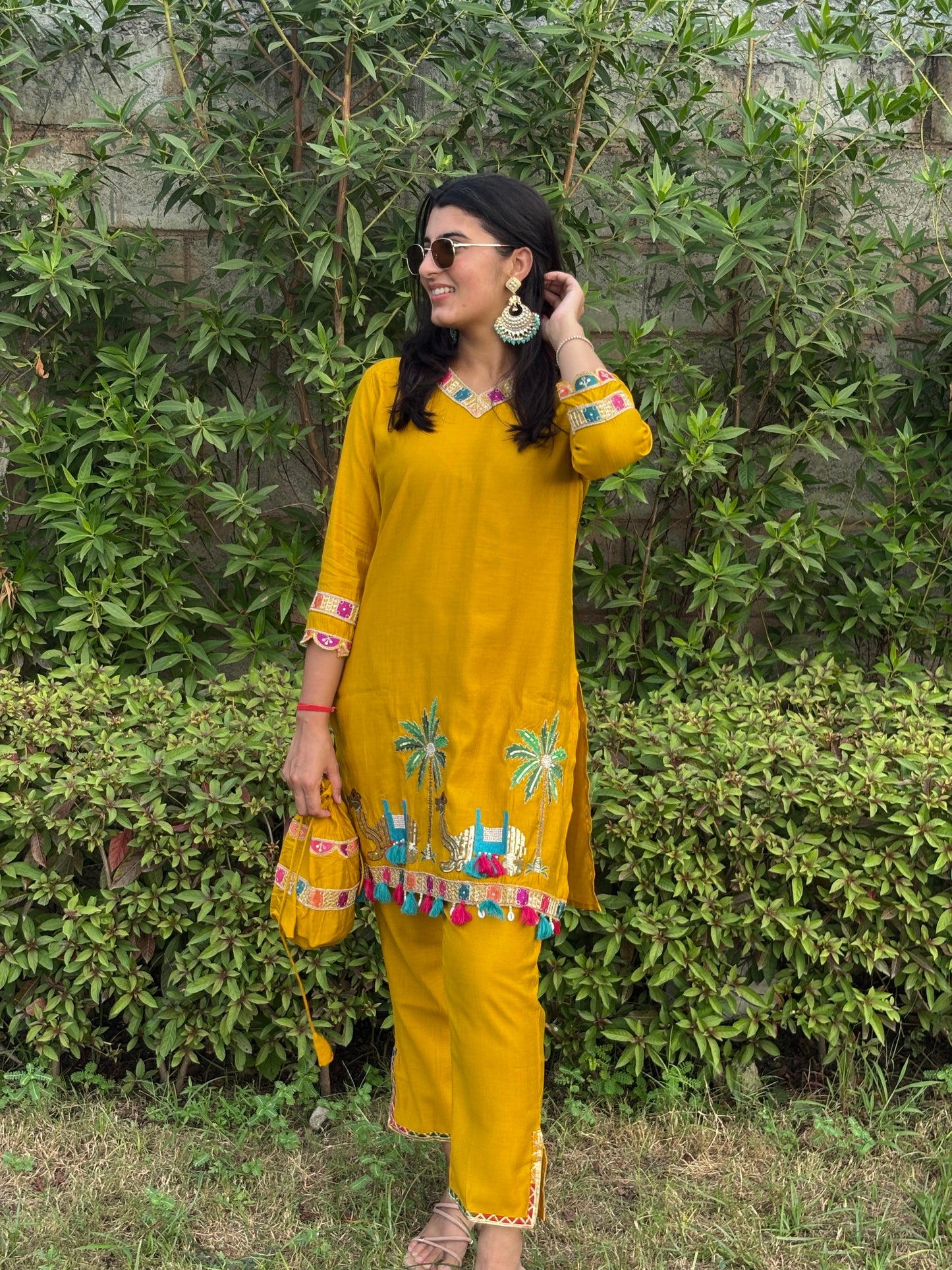 Bright Yellow Embroidered Co-Ord Set with Bag