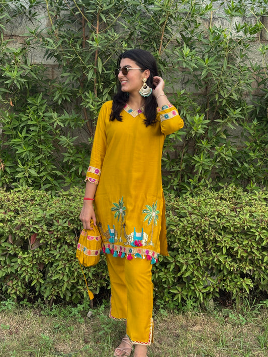 Bright Yellow Embroidered Co-Ord Set with Bag