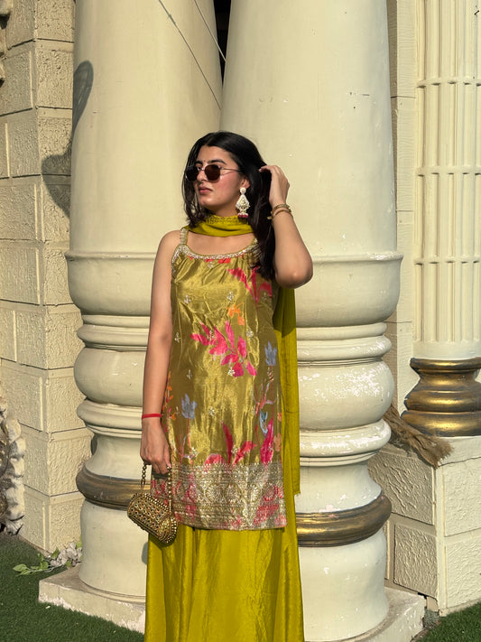 Lime Green Floral Embroidered Suit Set