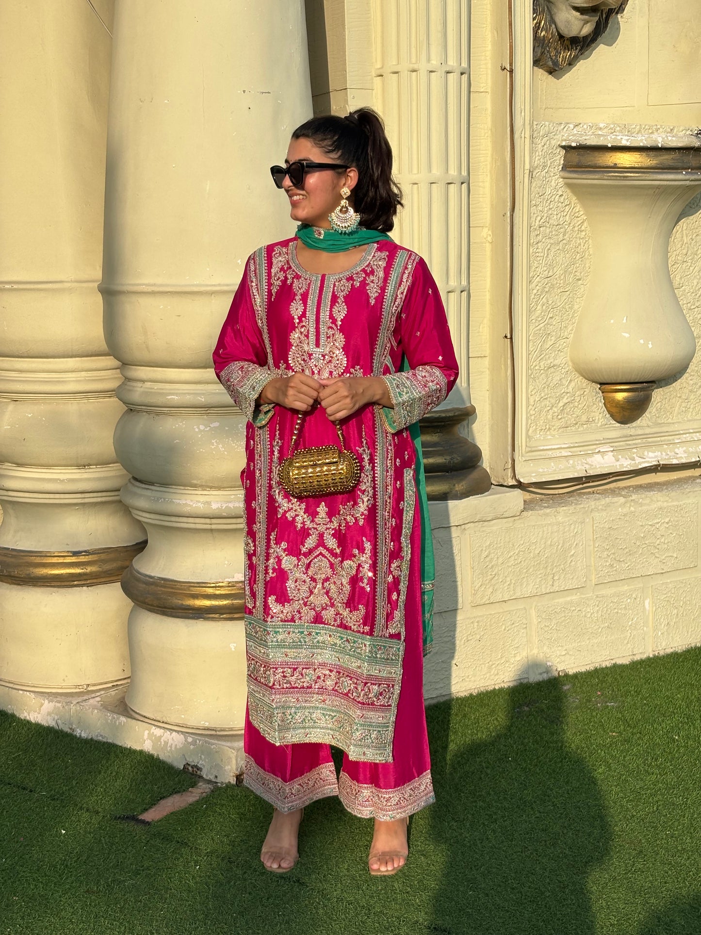 Elegant Pink & Green Chinon Embroidered Suit