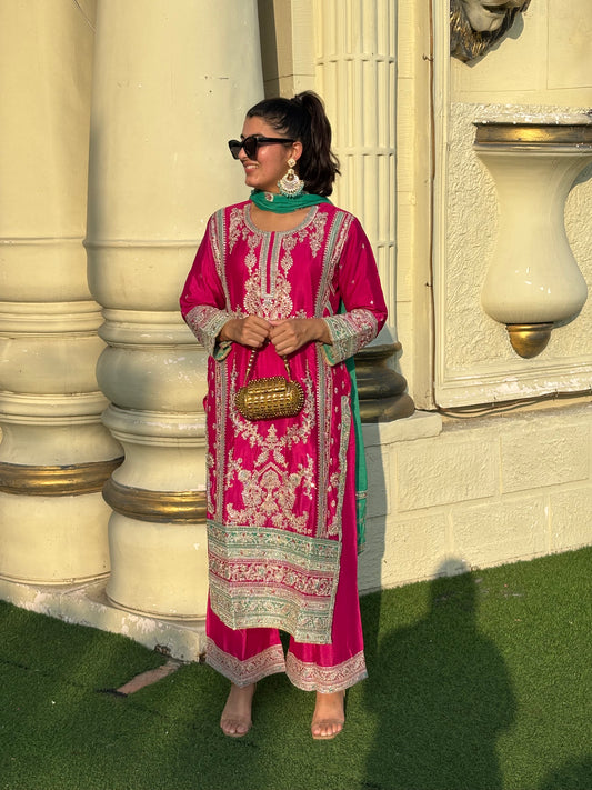 Elegant Pink & Green Chinon Embroidered Suit