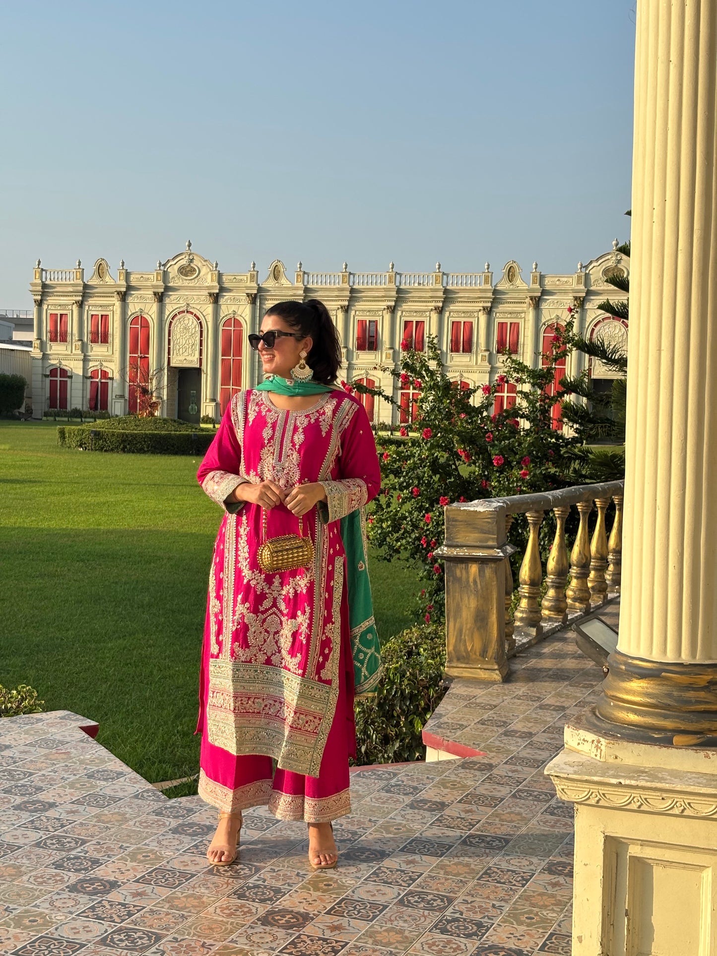 Elegant Pink & Green Chinon Embroidered Suit