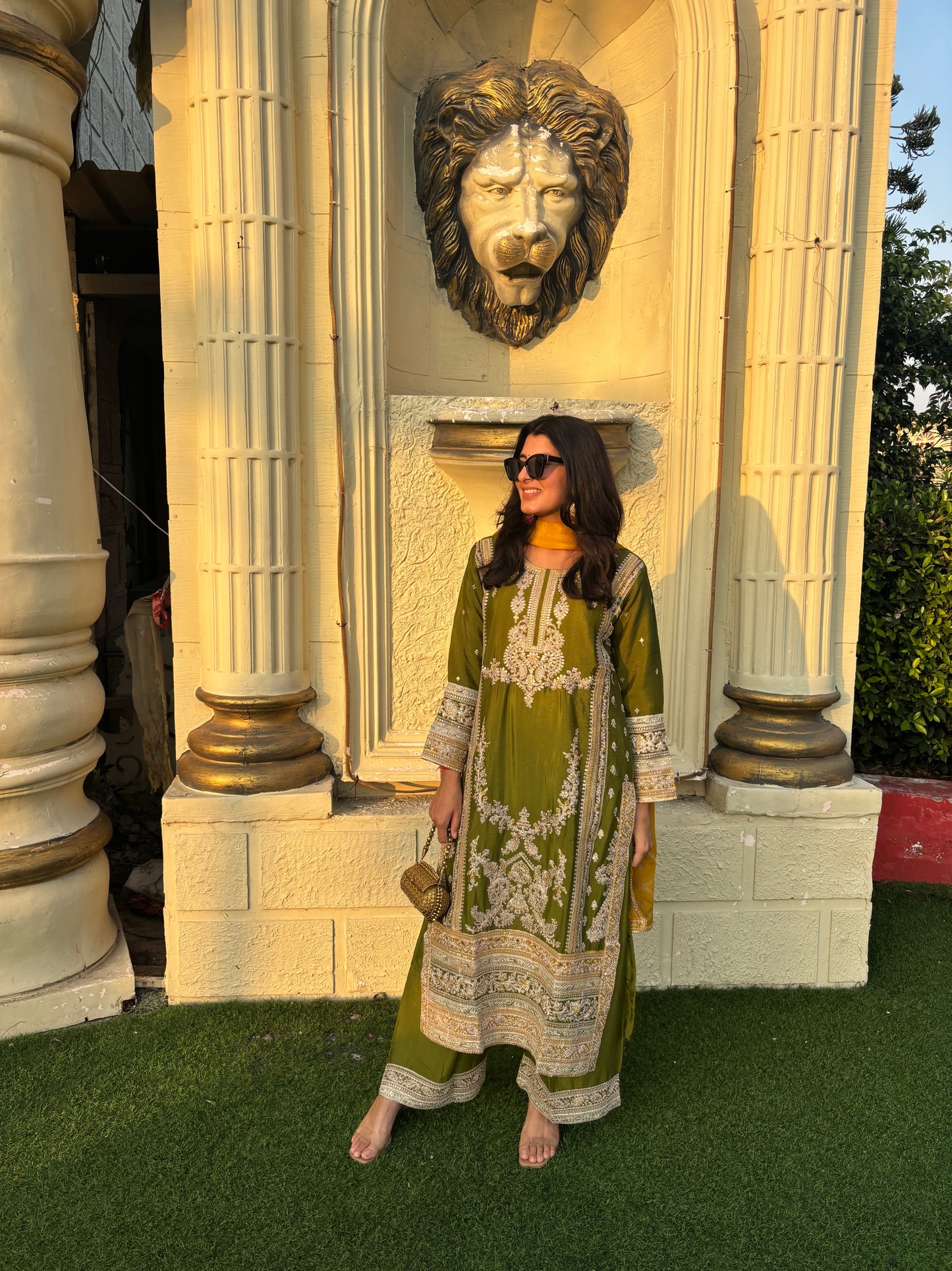 Elegant Green & Yellow Chinon Embroidered Suit