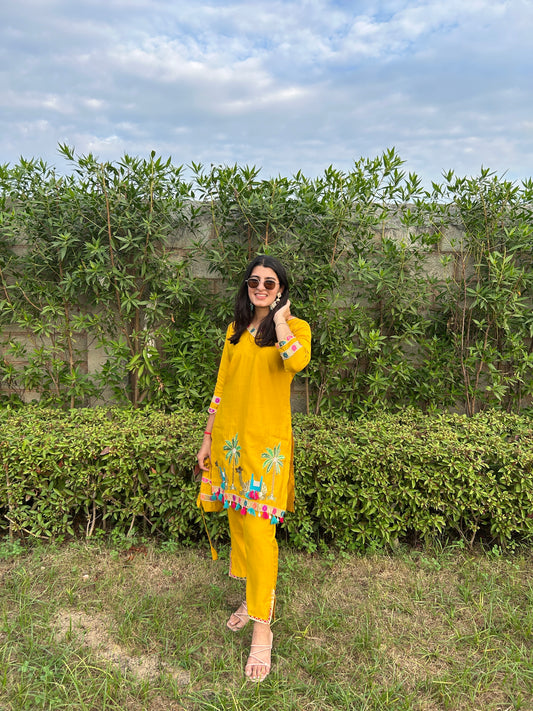 Bright Yellow Embroidered Co-Ord Set with Bag