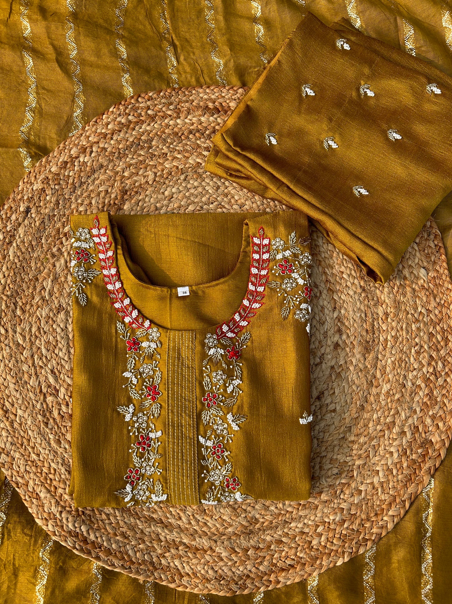Mustard Dola Silk Hand-Embroidered Suit Set