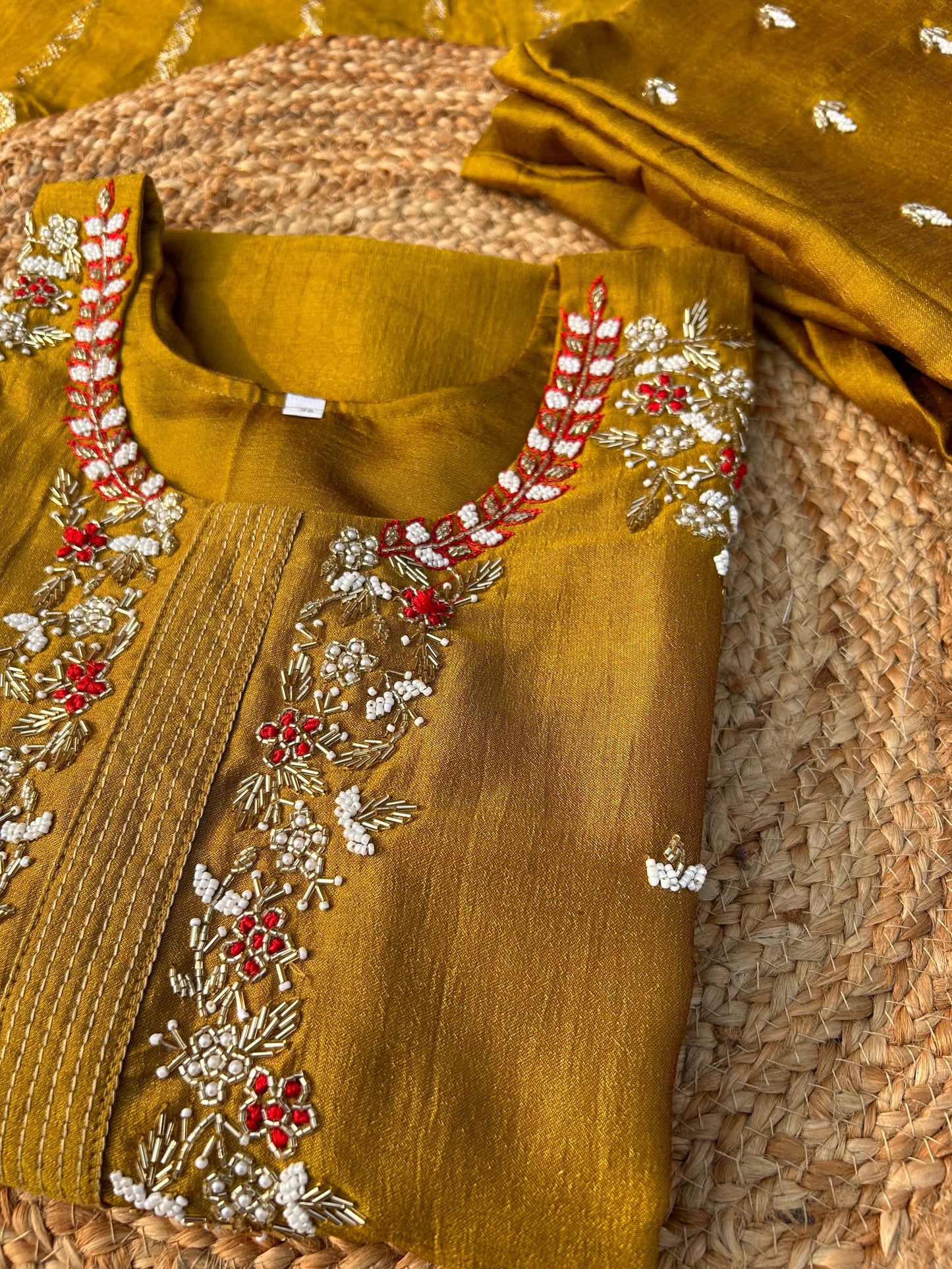 Mustard Dola Silk Hand-Embroidered Suit Set