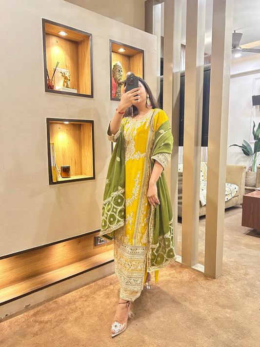 Elegant Yellow & Green Chinon Embroidered Suit