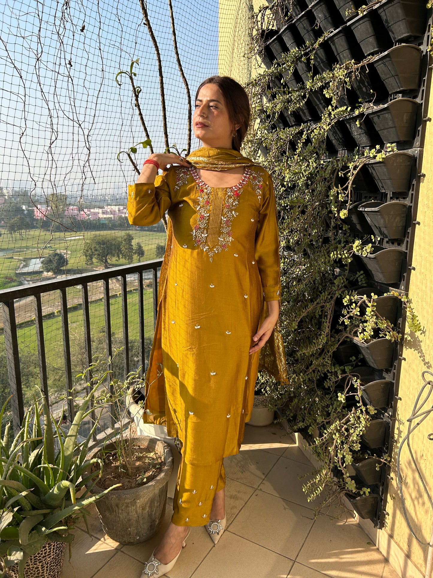 Mustard Dola Silk Hand-Embroidered Suit Set