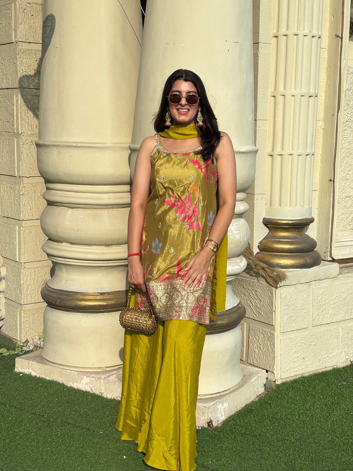 Lime Green Floral Embroidered Suit Set