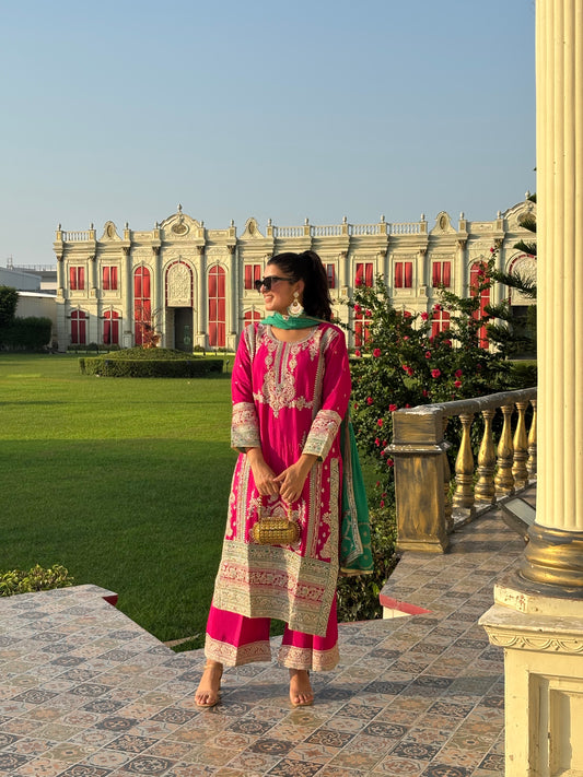 Elegant Pink & Green Chinon Embroidered Suit