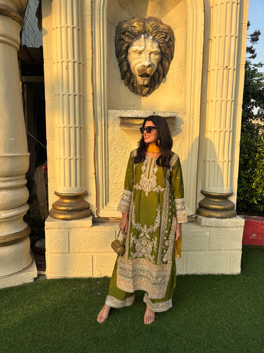 Elegant Green & Yellow Chinon Embroidered Suit