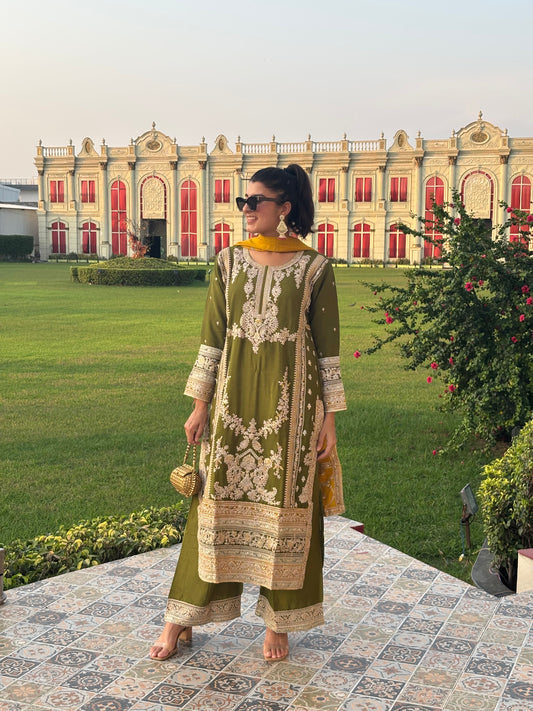 Elegant Green & Yellow Chinon Embroidered Suit